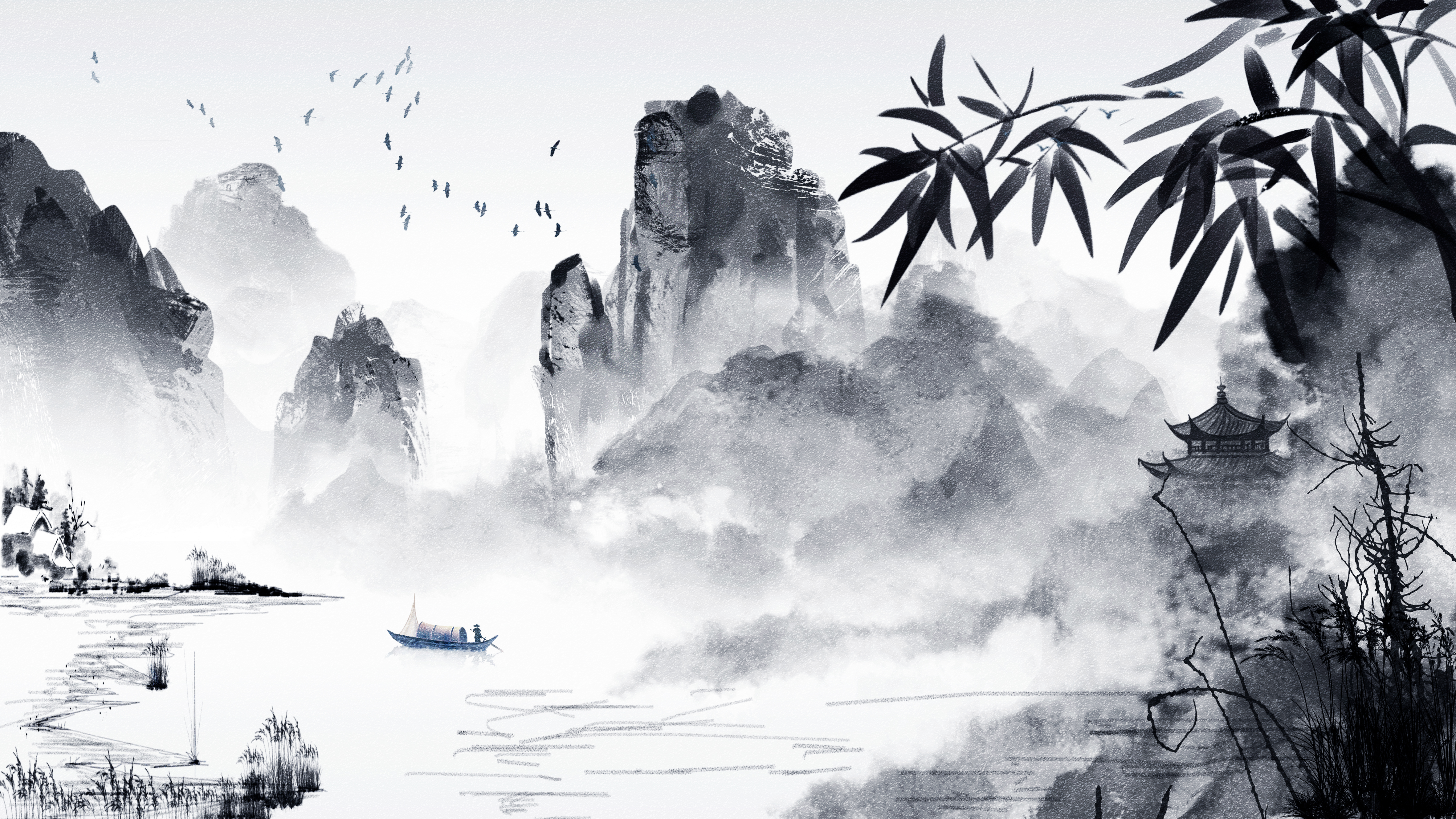 水墨画 风景 插图 黑白