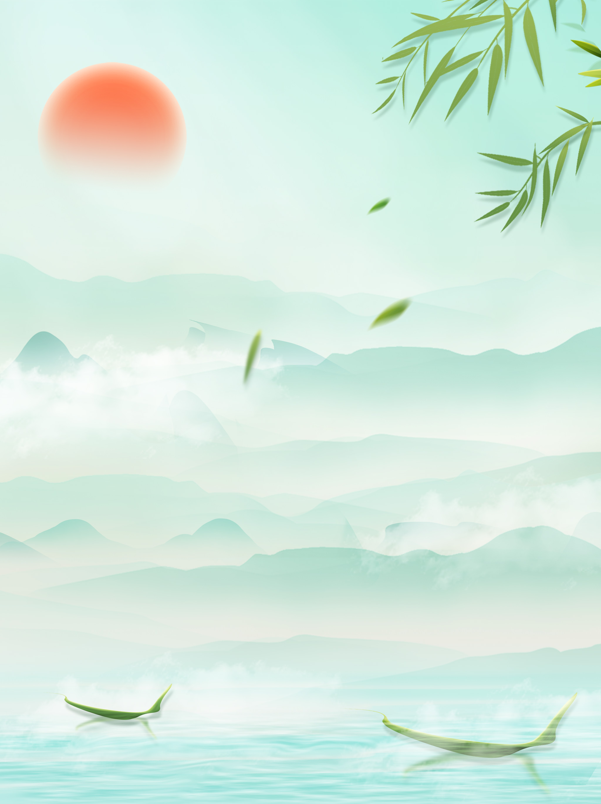 山水 墨画 中国风 传统 端午节 竹子 龙舟 背景