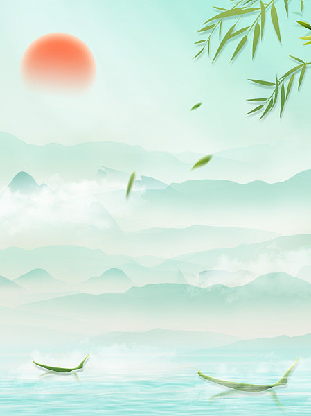 山水 墨画 中国风 传统 端午节 竹子 龙舟 背景