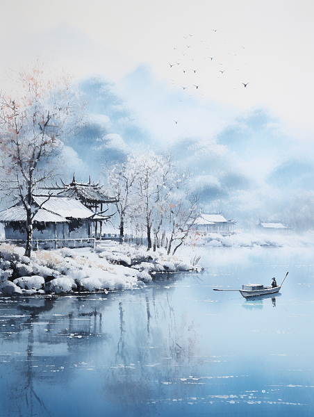 中国风 冬天 雪景 房屋 风景 山水
