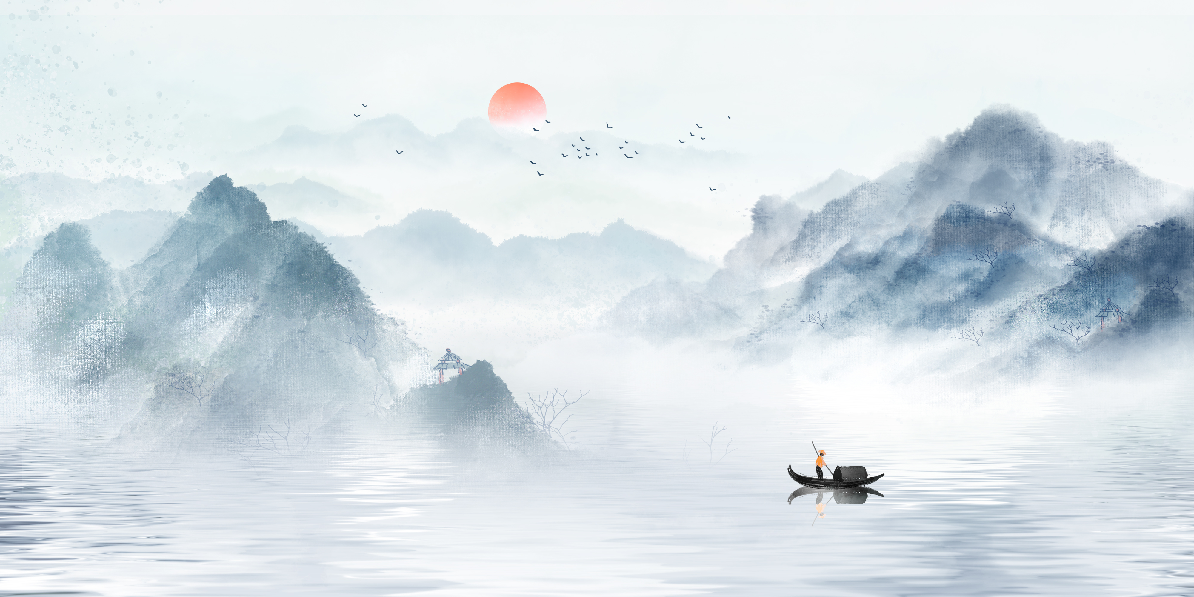简约 中国风 水墨 山水 风景 日出 日落